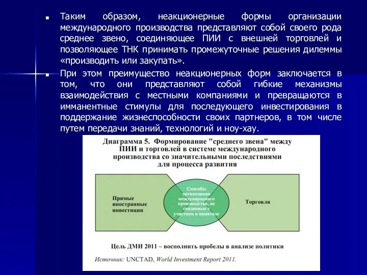 Таким образом, неакционерные формы организации международного производства представляют собой своего рода среднее