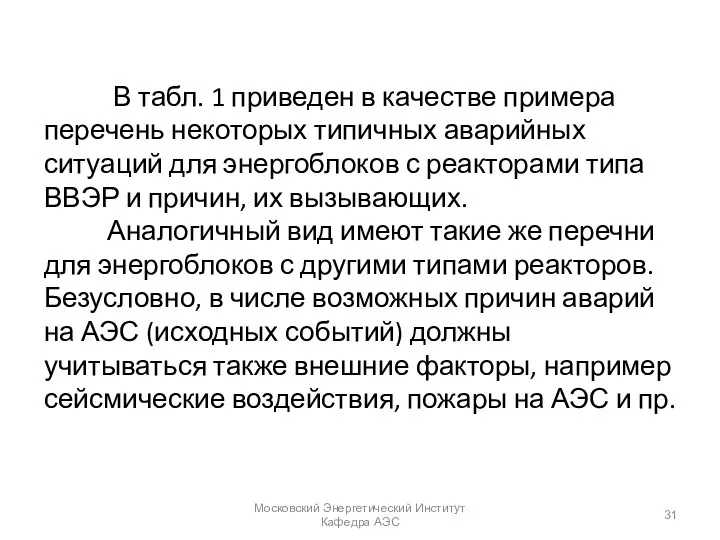 В табл. 1 приведен в качестве примера перечень некоторых типичных аварийных ситуаций