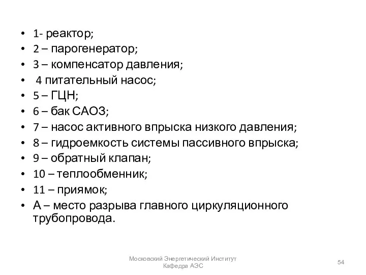 1- реактор; 2 – парогенератор; 3 – компенсатор давления; 4 питательный насос;