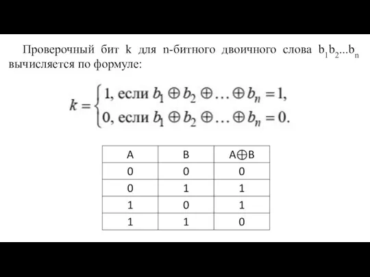 Проверочный бит k для n-битного двоичного слова b1b2...bn вычисляется по формуле: