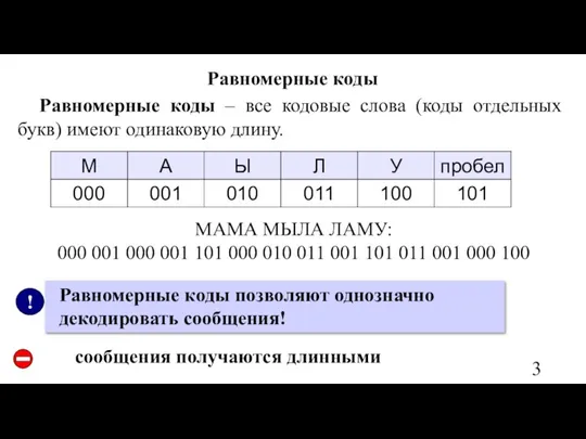 Равномерные коды Равномерные коды – все кодовые слова (коды отдельных букв) имеют