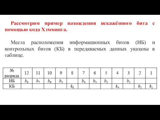 Рассмотрим пример нахождения искажённого бита с помощью кода Хэмминга. Места расположения информационных