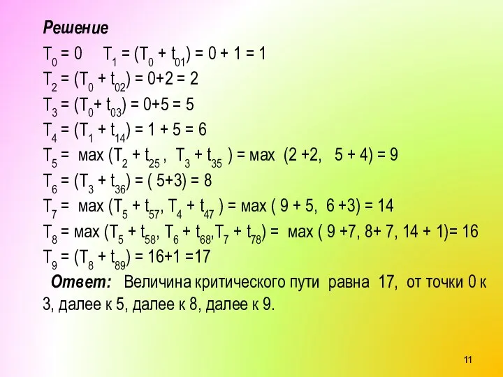 Решение T0 = 0 T1 = (T0 + t01) = 0 +