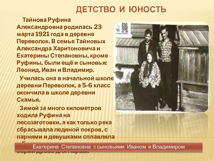 ДЕТСТВО И ЮНОСТЬ Тайнова Руфина Александровна родилась 23 марта 1921 года в