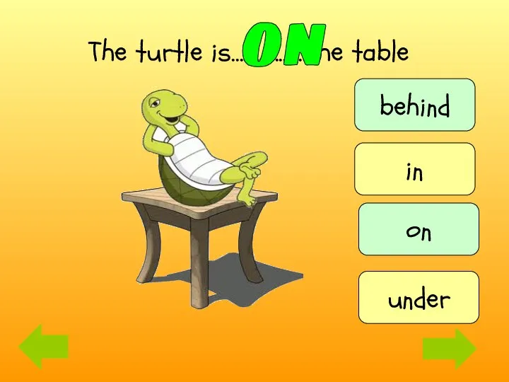 The turtle is…................the table on behind on in under