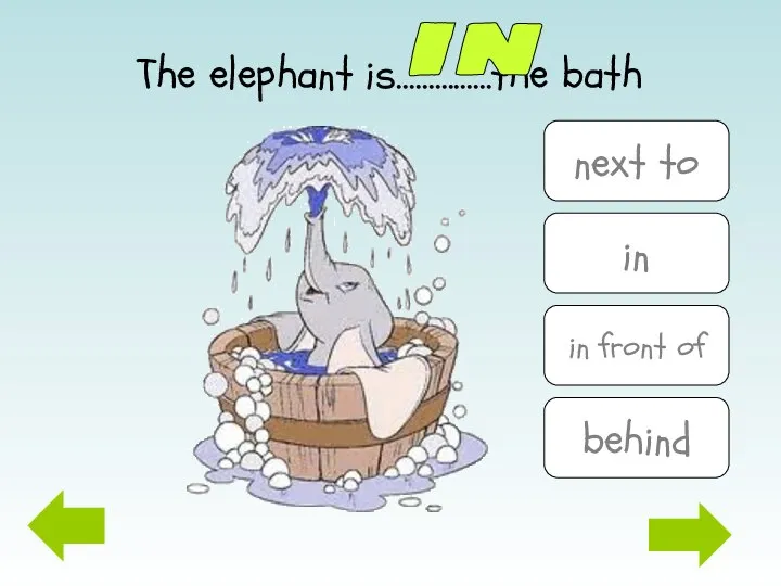 The elephant is……………the bath in next to in in front of behind