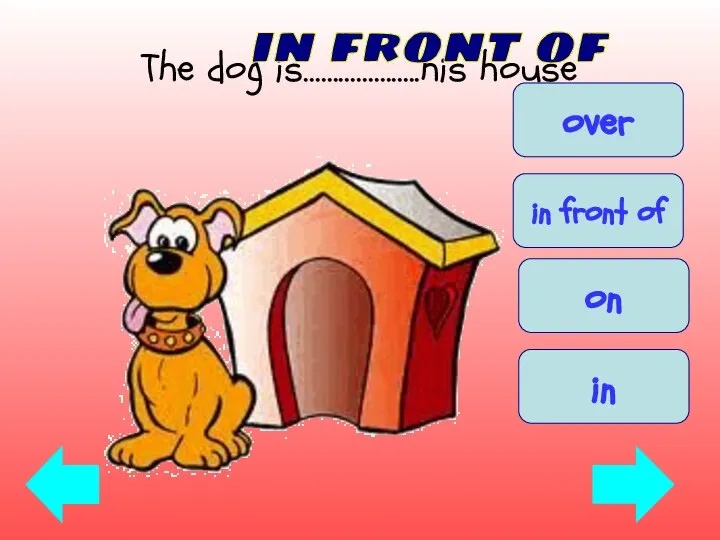 The dog is………………..his house in front of in front of over in on