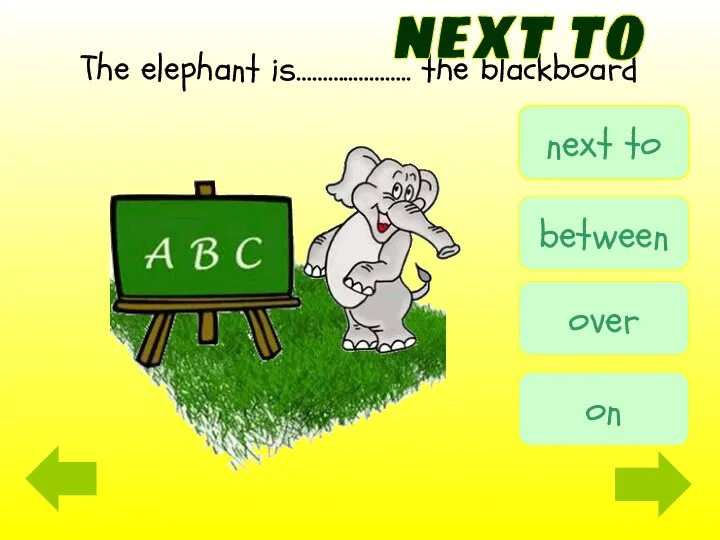 The elephant is………..……….. the blackboard next to next to between over on