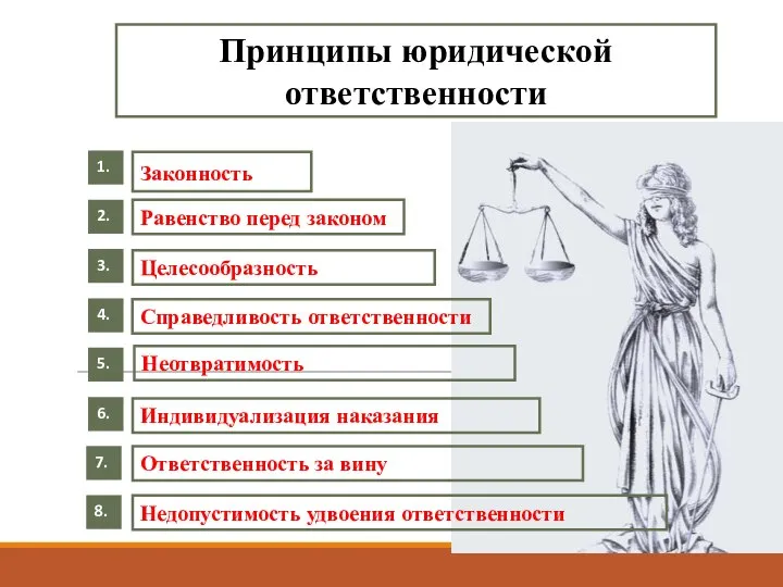 Недопустимость удвоения ответственности Ответственность за вину Индивидуализация наказания Неотвратимость Справедливость ответственности Целесообразность