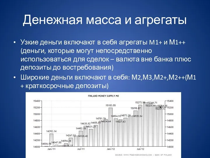 Денежная масса и агрегаты Узкие деньги включают в себя агрегаты M1+ и