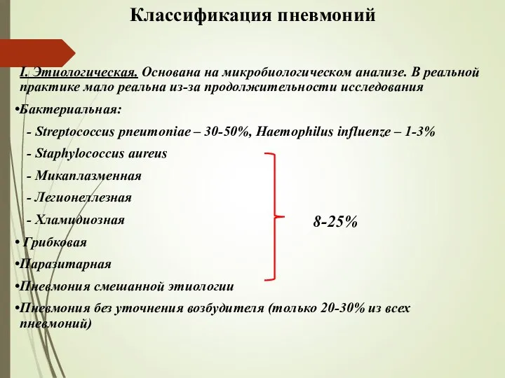 Классификация пневмоний I. Этиологическая. Основана на микробиологическом анализе. В реальной практике мало