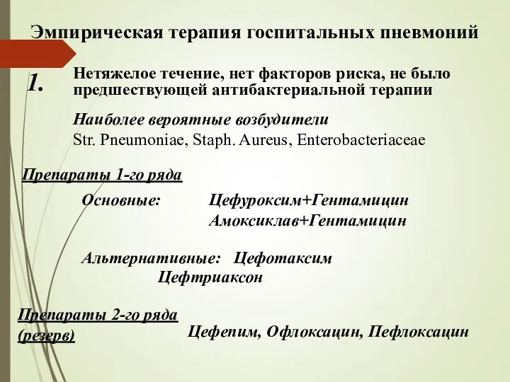 Эмпирическая терапия госпитальных пневмоний Нетяжелое течение, нет факторов риска, не было предшествующей