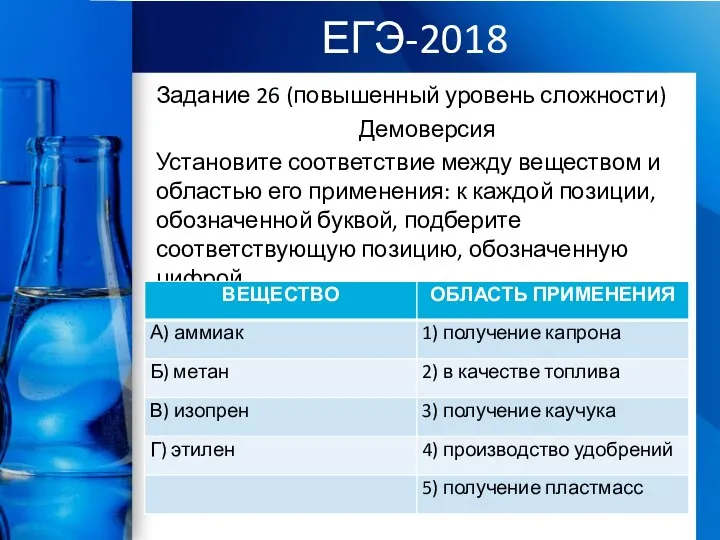 ЕГЭ-2018 Задание 26 (повышенный уровень сложности) Демоверсия Установите соответствие между веществом и