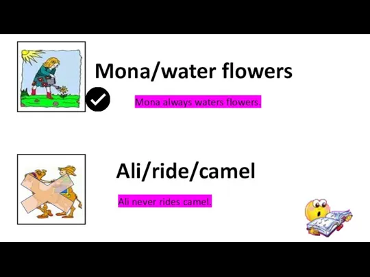 Mona/water flowers Ali/ride/camel Mona always waters flowers. Ali never rides camel.