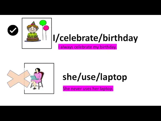 I/celebrate/birthday she/use/laptop I always celebrate my birthday. She never uses her laptop.