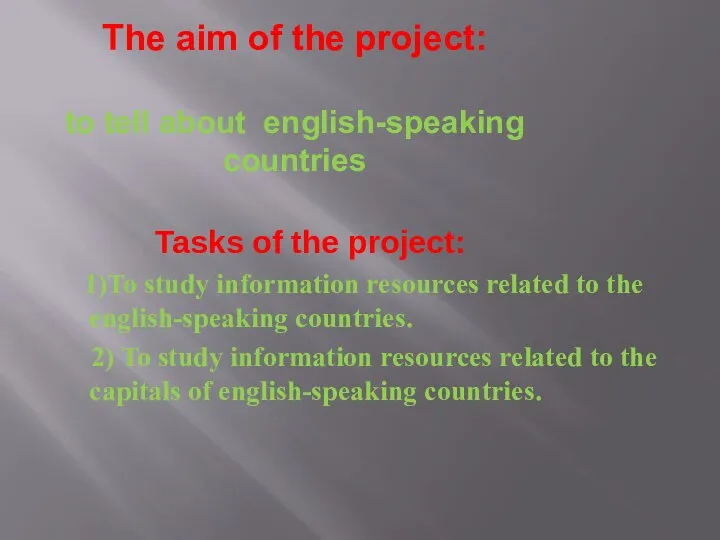 The aim of the project: to tell about english-speaking countries Tasks of
