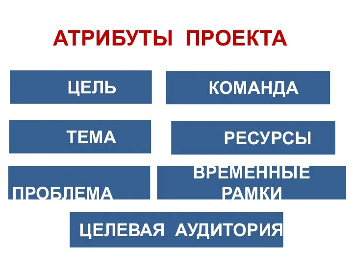 АТРИБУТЫ ПРОЕКТА ТЕМА ЦЕЛЬ ЦЕЛЕВАЯ АУДИТОРИЯ ВРЕМЕННЫЕ РАМКИ РЕСУРСЫ КОМАНДА ПРОБЛЕМА