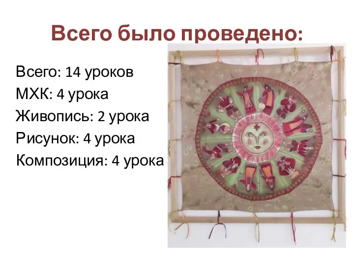 Всего было проведено: Всего: 14 уроков МХК: 4 урока Живопись: 2 урока