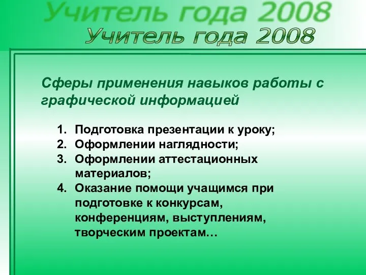 Учитель года 2008 Подготовка презентации к уроку; Оформлении наглядности; Оформлении аттестационных материалов;