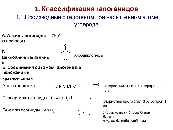 1. Классификация галогенидов 1.1.Производные с галогеном при насыщенном атоме углерода А. Алкилгалогениды