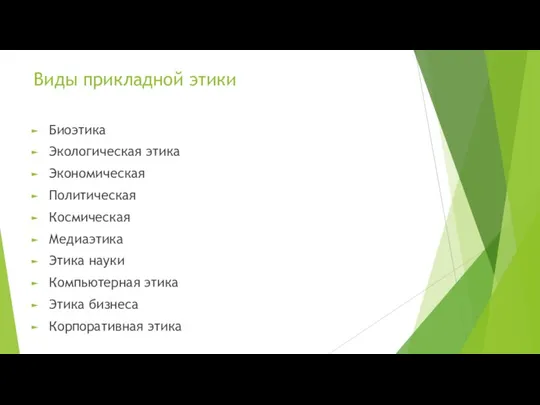 Виды прикладной этики Биоэтика Экологическая этика Экономическая Политическая Космическая Медиаэтика Этика науки