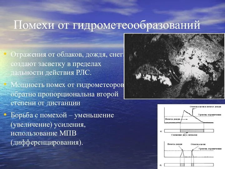 Помехи от гидрометеообразований Отражения от облаков, дождя, снега создают засветку в пределах