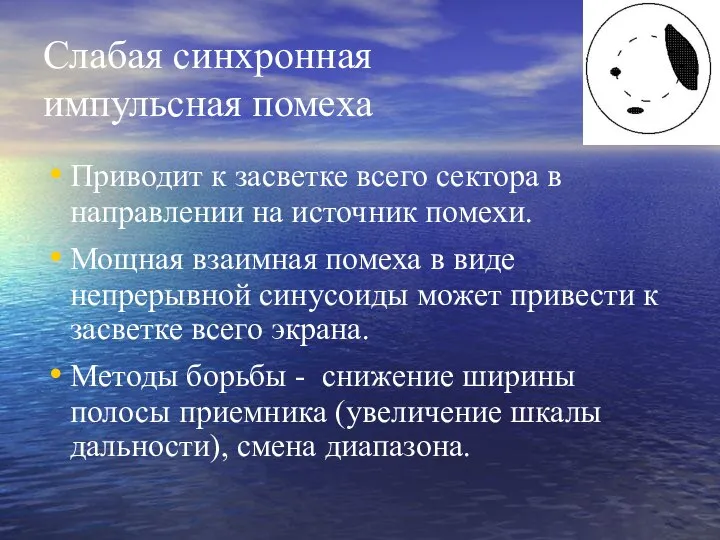 Слабая синхронная импульсная помеха Приводит к засветке всего сектора в направлении на