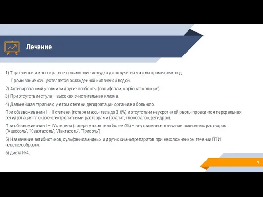 Лечение 1) Тщательное и многократное промывание желудка до получения чистых промывных вод.