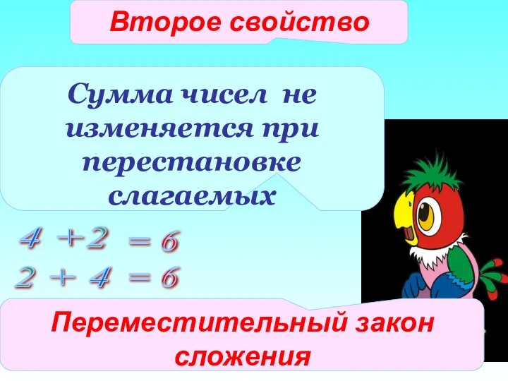 4 + Сумма чисел не изменяется при перестановке слагаемых Второе свойство Переместительный