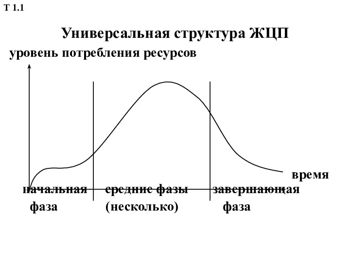 Универсальная структура ЖЦП уровень потребления ресурсов время начальная средние фазы завершающая фаза (несколько) фаза Т 1.1