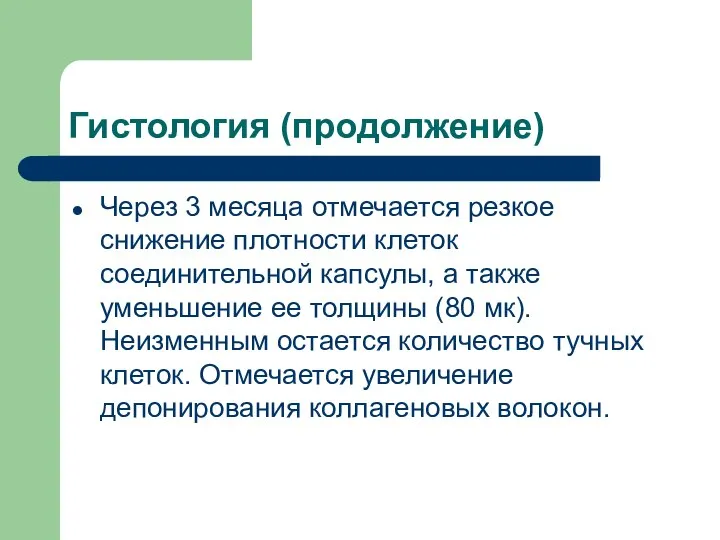 Гистология (продолжение) Через 3 месяца отмечается резкое снижение плотности клеток соединительной капсулы,