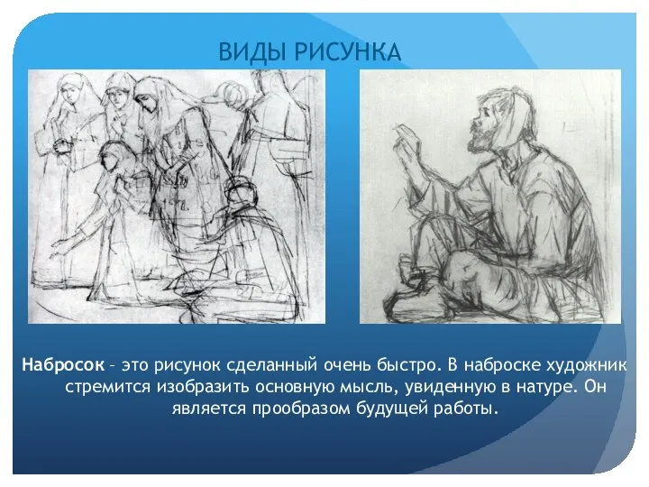 ВИДЫ РИСУНКА Набросок – это рисунок сделанный очень быстро. В наброске художник