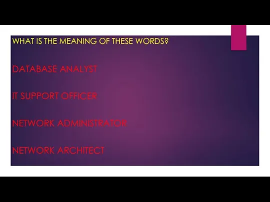 WHAT IS THE MEANING OF THESE WORDS? DATABASE ANALYST IT SUPPORT OFFICER NETWORK ADMINISTRATOR NETWORK ARCHITECT