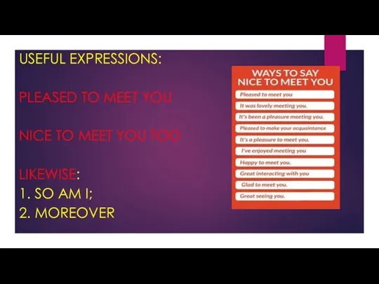 USEFUL EXPRESSIONS: PLEASED TO MEET YOU NICE TO MEET YOU TOO LIKEWISE: