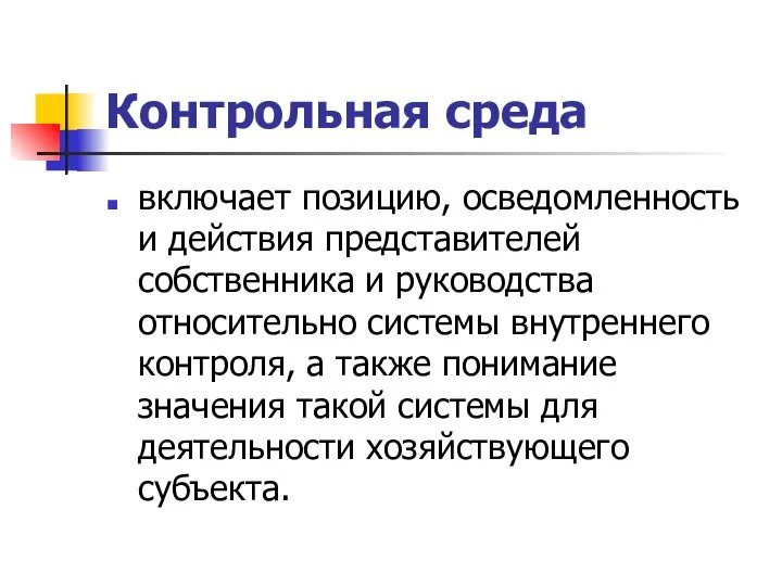 Контрольная среда включает позицию, осведомленность и действия представителей собственника и руководства относительно