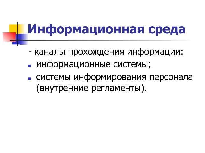 Информационная среда - каналы прохождения информации: информационные системы; системы информирования персонала (внутренние регламенты).