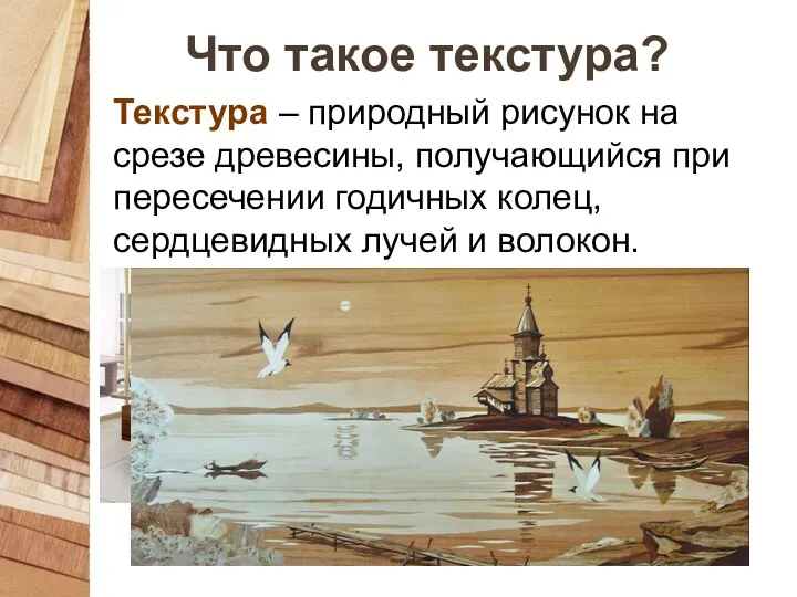 Что такое текстура? Текстура – природный рисунок на срезе древесины, получающийся при