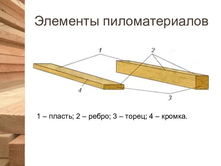 Элементы пиломатериалов 1 – пласть; 2 – ребро; 3 – торец; 4 – кромка.