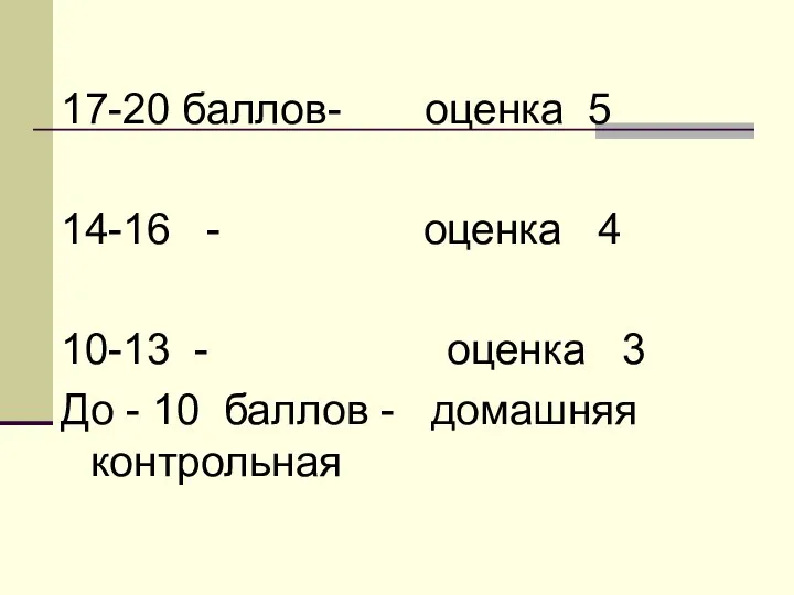 17-20 баллов- оценка 5 14-16 - оценка 4 10-13 - оценка 3