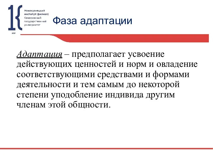 Фаза адаптации Адаптация – предполагает усвоение действующих ценностей и норм и овладение