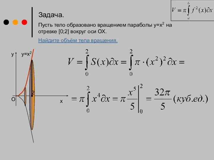 Задача. Пусть тело образовано вращением параболы у=х2 на отрезке [0;2] вокруг оси