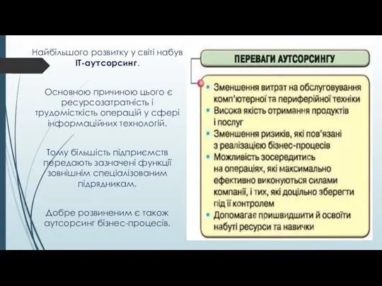 Найбільшого розвитку у світі набув ІТ-аутсорсинг. Основною причиною цього є ресурсозатратність і