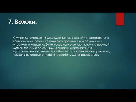 7. Вожжи. Служат для управления лошадью. Концы вожжей пристегиваются к кольцам удил.