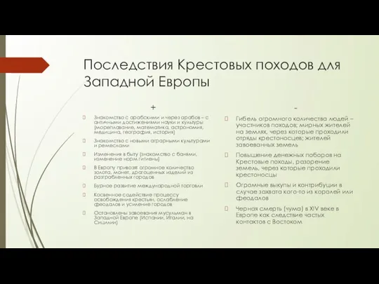 Последствия Крестовых походов для Западной Европы + Знакомство с арабскими и через