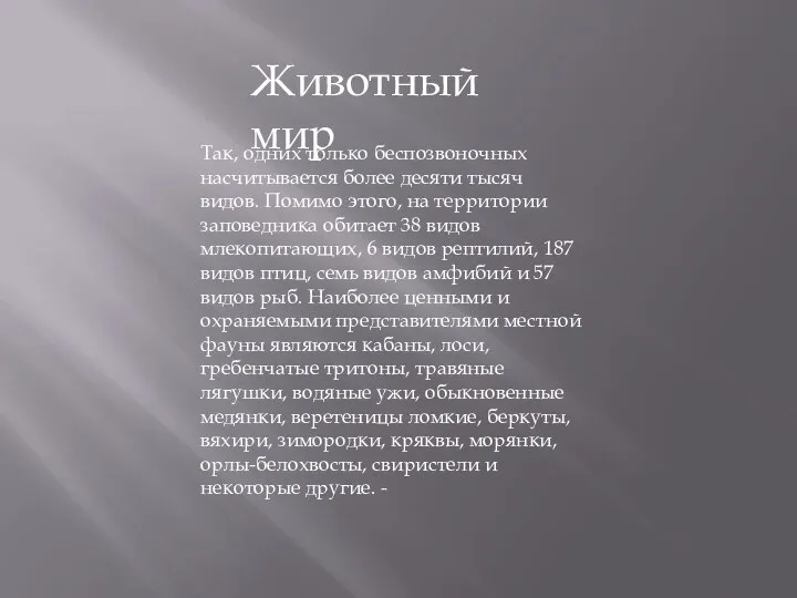 Так, одних только беспозвоночных насчитывается более десяти тысяч видов. Помимо этого, на