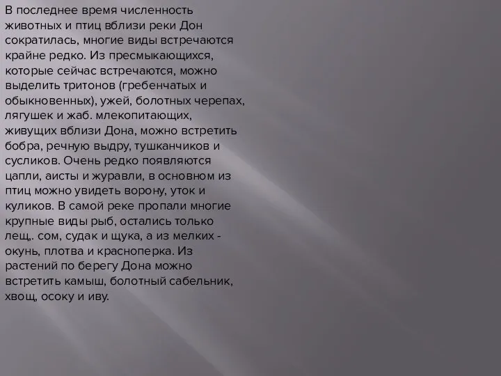 В последнее время численность животных и птиц вблизи реки Дон сократилась, многие