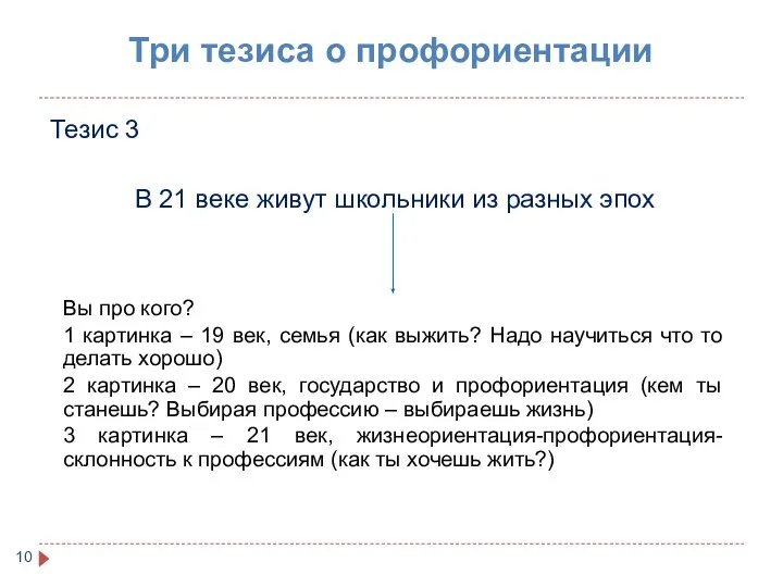 Три тезиса о профориентации Тезис 3 В 21 веке живут школьники из