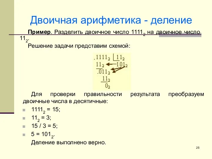 Двоичная арифметика - деление Пример. Разделить двоичное число 11112 на двоичное число