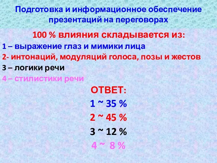 Подготовка и информационное обеспечение презентаций на переговорах 100 % влияния складывается из: