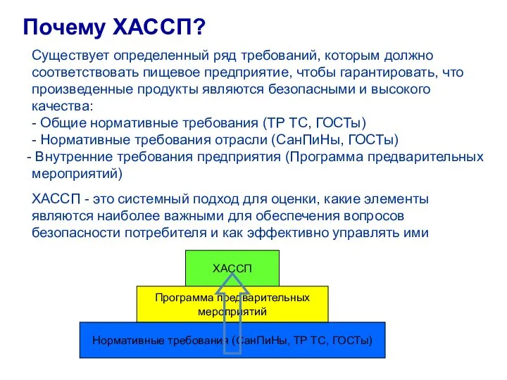 Почему ХАССП? Существует определенный ряд требований, которым должно соответствовать пищевое предприятие, чтобы